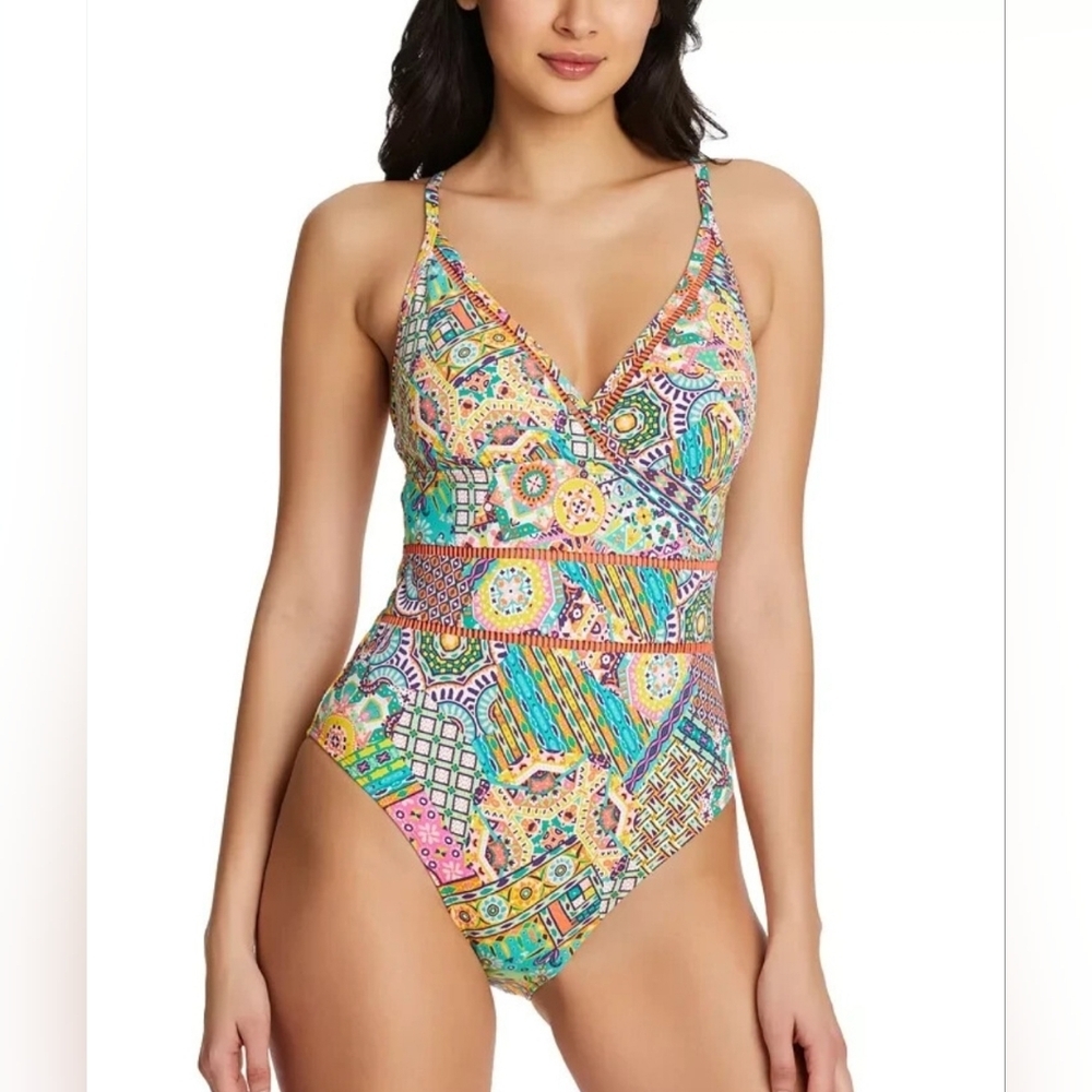Bleu By Rod Beattie Seriously Sunny Colorful Patterned One-Piece Swimsuit 14 EUC